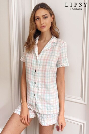 Lipsy White Check Woven Check Shirt Pyjama Set (K42942) | £34