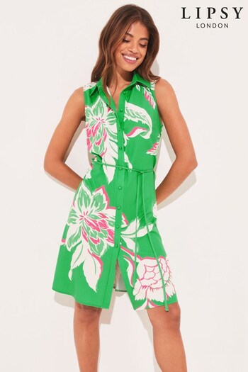 Lipsy Green Floral Sleeveless Tie Waist Mini Shirt Dress (K42989) | £42