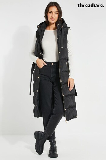 Threadbare Black Quilted Longline Hooded Gilet With Tie Waist (K43014) | £50