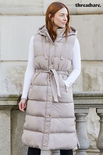 Threadbare Brown Quilted Longline Hooded Gilet With Tie Waist (K43016) | £55