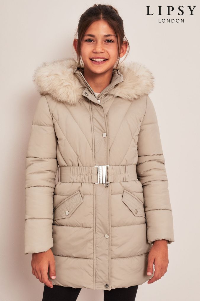 Lipsy Stone Longline Belted Padded School Coat (K43053) | £66 - £74