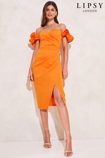 Lipsy Orange Ruffle Bardot Midi Dress (K43083) | £44