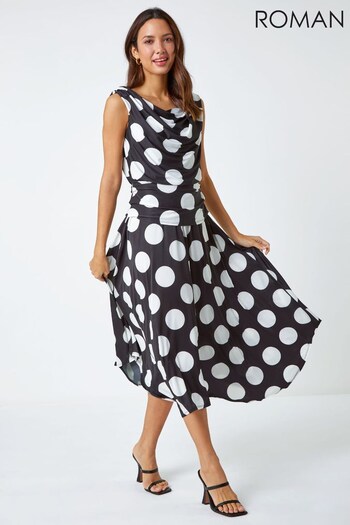 Roman Black & White Spot Print Cowl Neck Midi Dress (K43142) | £50