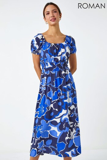 Roman Blue & Black Floral Print Puff Sleeve Midi Dress (K43145) | £42