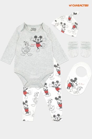 Character White Mickey Mouse 4 Piece Baby Sleepsuit Bodysuit Hat And Bib Set (K43208) | £25