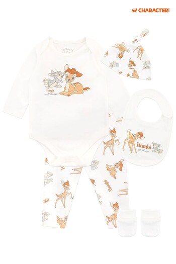 Character White Bambi 4 Piece Baby Sleepsuit Bodysuit Hat And Bib Set (K43209) | £25