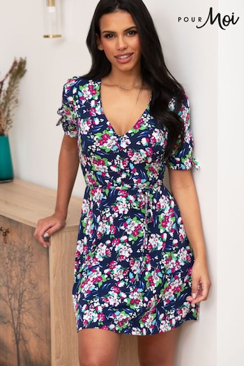Pour Moi Navy Blue Floral Bella Slinky Recycled Jersey Tie Sleeve Tea Dress Floral (K43298) | £42