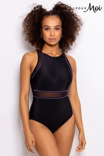 Pour Moi Black/Purple Energy Chlorine Resistant Recycled High Neck Zip Front Swimsuit (K43302) | £45
