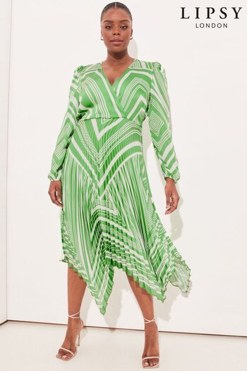 Lipsy Green Print Curve Long Sleeve Pleated Wrap Midi Dress (K43351) | £74
