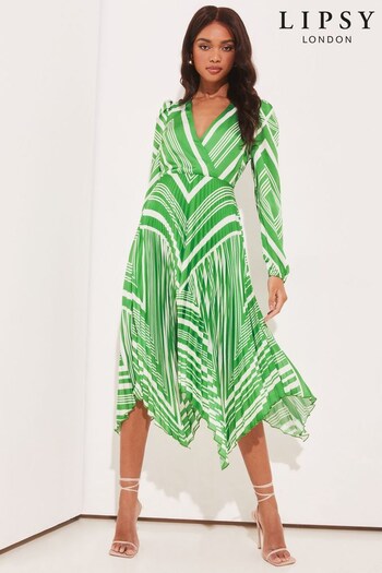 Lipsy Green Print Long Sleeve Pleated Wrap Midi Dress (K43361) | £74