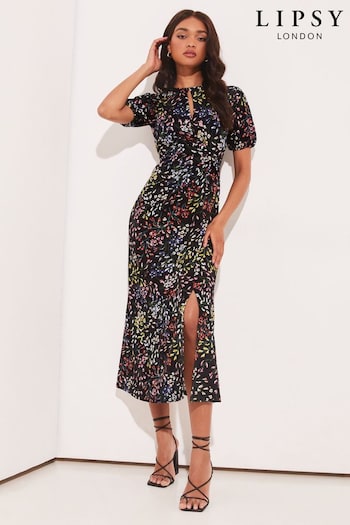 Lipsy Black Floral Jersey Short Sleeve Keyhole Ruched Midi Dress (K43363) | £55