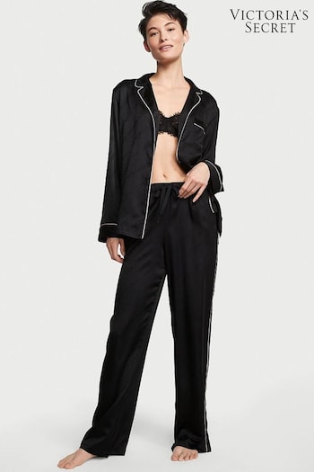 Victoria's Secret Black Logo Satin Long Pyjamas (K43388) | £69