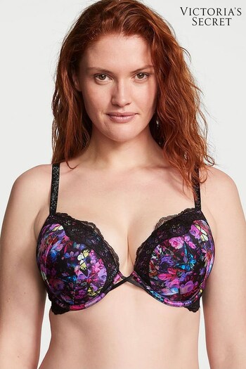 Victoria's Secret Moody Floral Black Lace Shine Strap Add 2 Cups Push Up Bombshell Bra (K43393) | £59