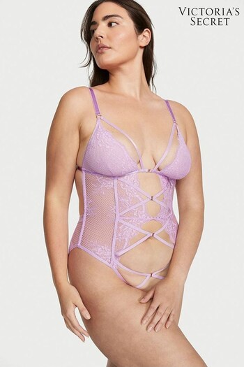 Victoria's Secret Silky Lilac Purple Fishnet Floral Cutout Bodysuit (K43421) | £69