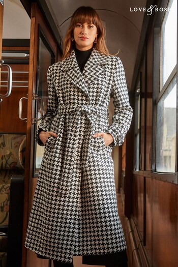Customise Your Sofa Black/White Dogtooth Wrap Oversized Collar Belted Trench Coat (K43437) | £96