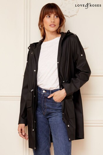 Tops & T-shirts Black Hooded Shower Resistant Long Line Coat (K43441) | £76