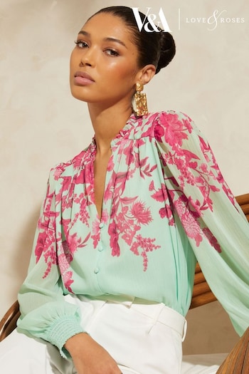 V&A | Love & Roses Blue Floral Printed Sheer Puff Sleeve V Neck Long Sleeve Button Up Blouse (K43458) | £42