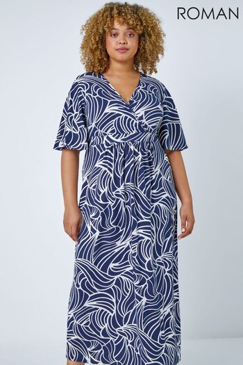 Roman Blue & White Curve Linear Print Midi Wrap Dress (K43479) | £42