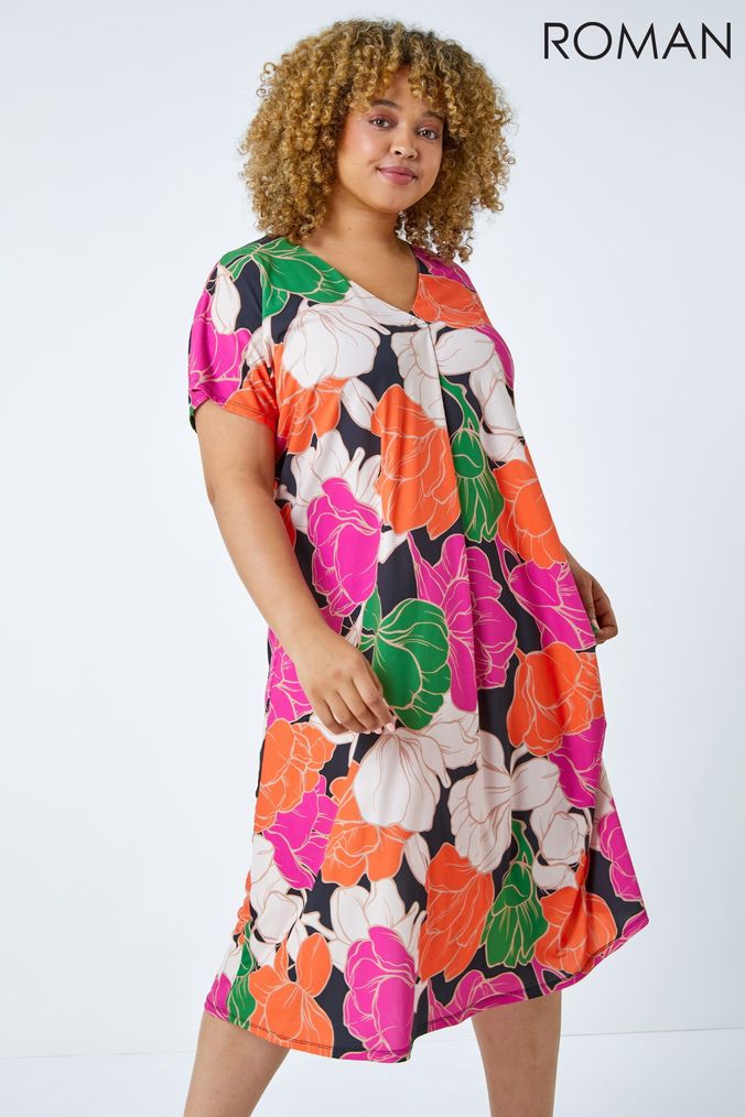 Roman Orange & Pink Multi Curve Floral Midi Shift Dress (K43486) | £48