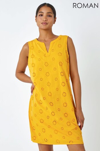 Roman Yellow Mustard Embroidered Cotton Shift Dress (K43507) | £38