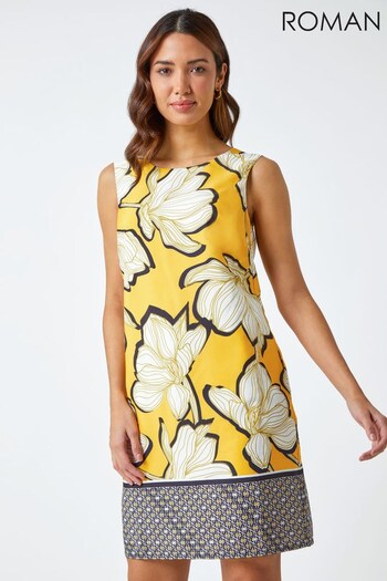 Roman Yellow & Black Floral Border Print Shift Dress (K43521) | £40