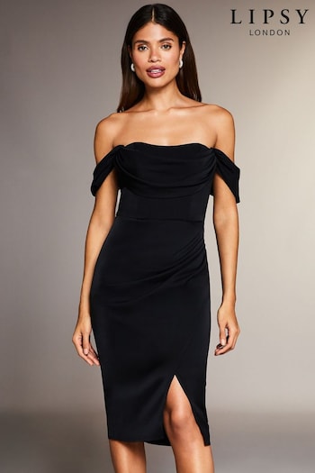 Lipsy Black Bardot Split Wrap Skirt Midi TFNC Dress (K43572) | £82