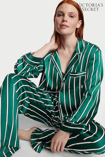 Victoria's Secret Black Ivy Green Classic Stripe Satin Long Pyjamas (K43644) | £69