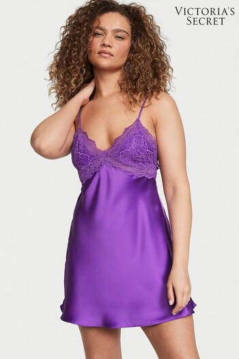 Victoria's Secret Violetta Purple Satin Lace Plunge Open  Back Slip Dress (K43664) | £59