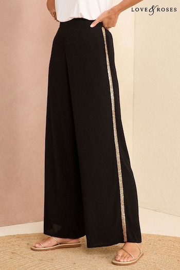 Love & Roses Black Wide Leg Side Trim Wide Leg Trousers (K43760) | £42