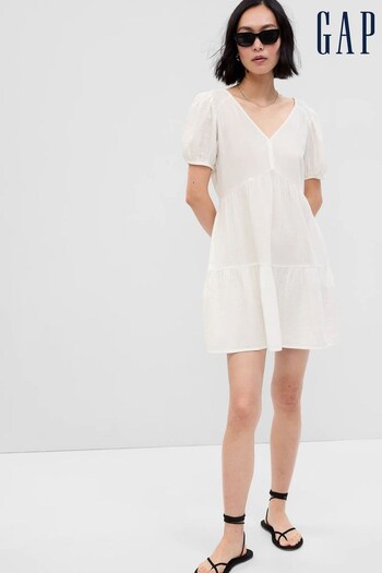 Gap White Crinkle Gauze Puff Sleeve Tiered Mini Dress (K43876) | £45