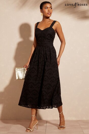 Love & Roses Black Broderie Fit And Flare Cami Midi Dress (K43915) | £37