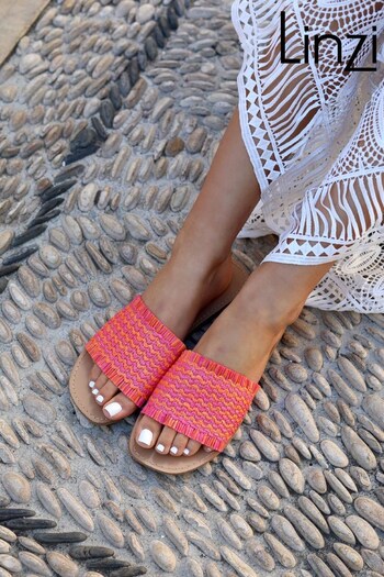 Linzi Pink Flamingo Flat Slider Sandal With Raffia Front Strap (K44054) | £27