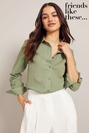 Friends Like These Khaki Green Petite Linen Look Button Through Long Sleeve Shirt (K44091) | £28