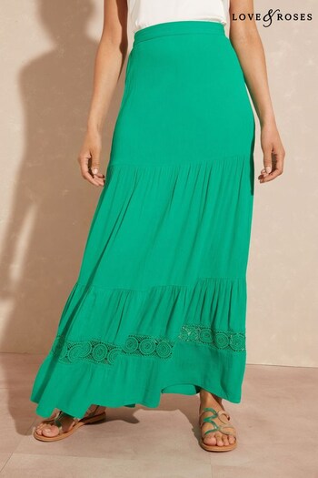 Love & Roses Green Crinkle Tiered Summer Midi Skirt (K44093) | £34