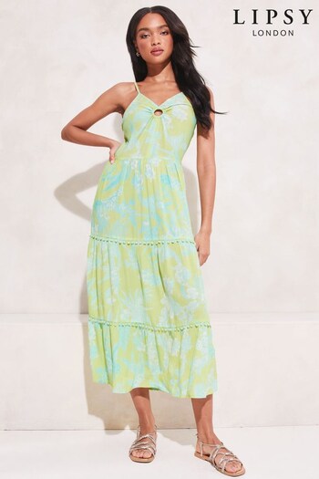 Lipsy Green Petite Ring Detail Strappy Tiered Maxi Button Dress (K44143) | £45