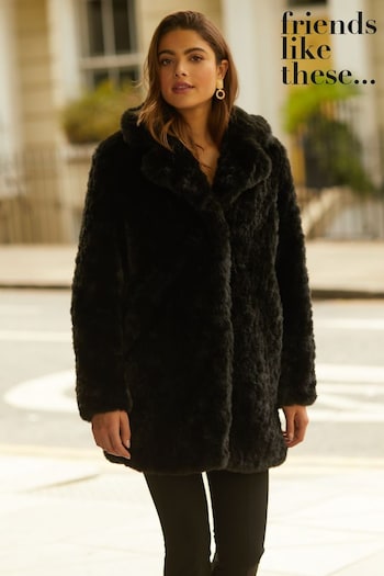 Friends Like These Black Petite Long Line Texture Faux Fur Jacket (K44148) | £72