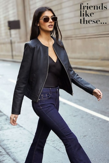 Friends Like These Black Faux Leather Short Collarless Jacket (K44149) | £48