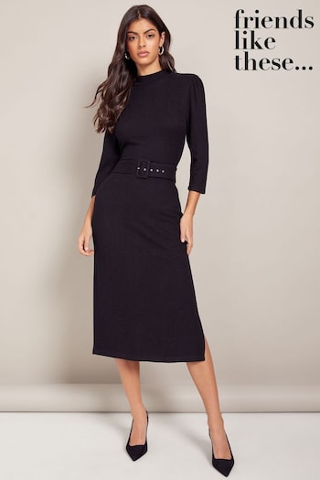 Gifts £20 - £50 Black Long Sleeve High Neck Belted Midi Dress (K44152) | £39