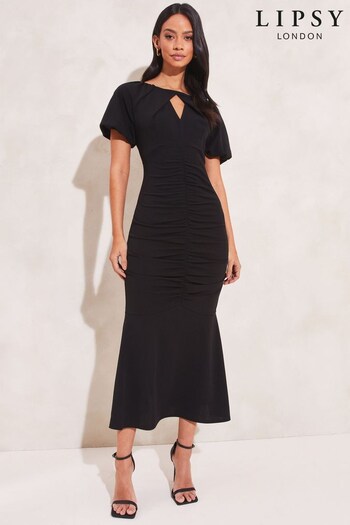 Lipsy Black Ruched Front Gathered Fit and Flare Keyhole Dress (K44330) | £60