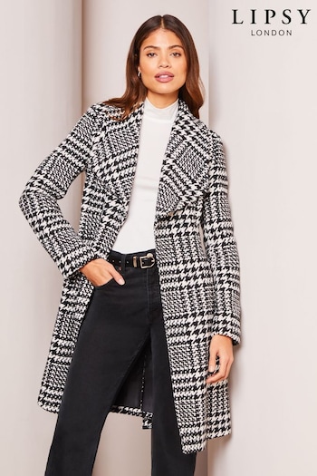Lipsy Black/White Petite Dropped Collar Belted Wrap Trench Coat (K44499) | £100