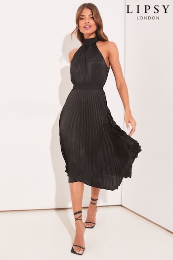 Lipsy Black Halter Pleated High Neck Midi Dress (K44872) | £68