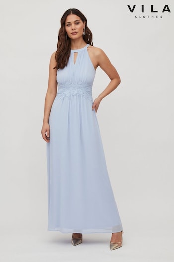 Vila Light Blue Halter Neck Tulle Maxi Dress (K44934) | £60