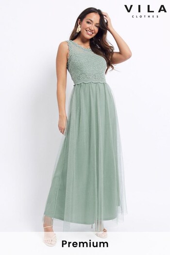 VILA Sage Green Sleeveless Lace And Tulle Maxi Dress (K44936) | £60