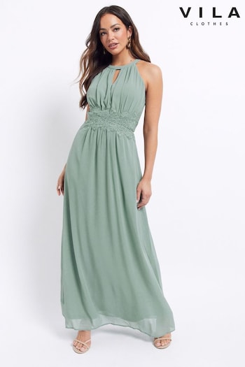 Vila Sage Green Halter Neck Tulle Maxi Dress (K44937) | £60