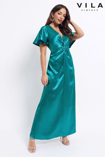 VILA Green Satin V Neck Short Sleeve Maxi Dress (K44940) | £55