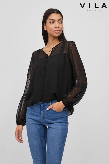 VILA Black Dobby and Lace Detail Blouse (K44943) | £32