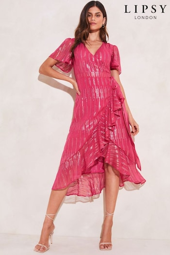 Lipsy Pink Metallic Flutter Sleeve Ruffled Wrap Midi Dress (K44946) | £68