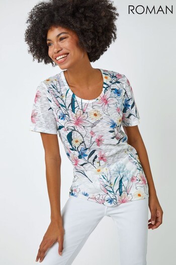 Roman White Multi Embellished Floral Print T-Shirt (K45092) | £26