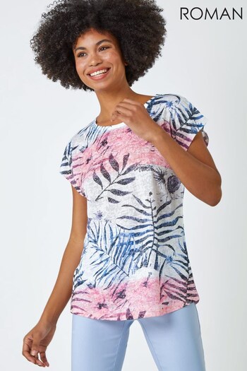 Roman Pink & White Palm Print Burnout T-Shirt (K45102) | £26