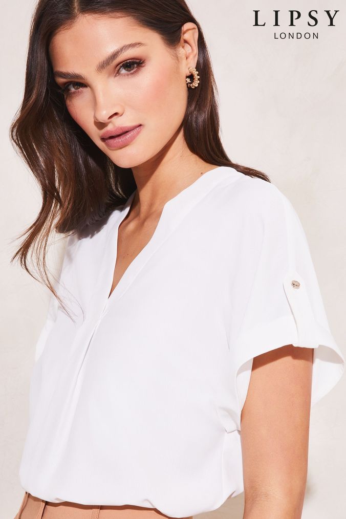Women s White Short Sleeve Blouses Pleated Ruffle Blouses